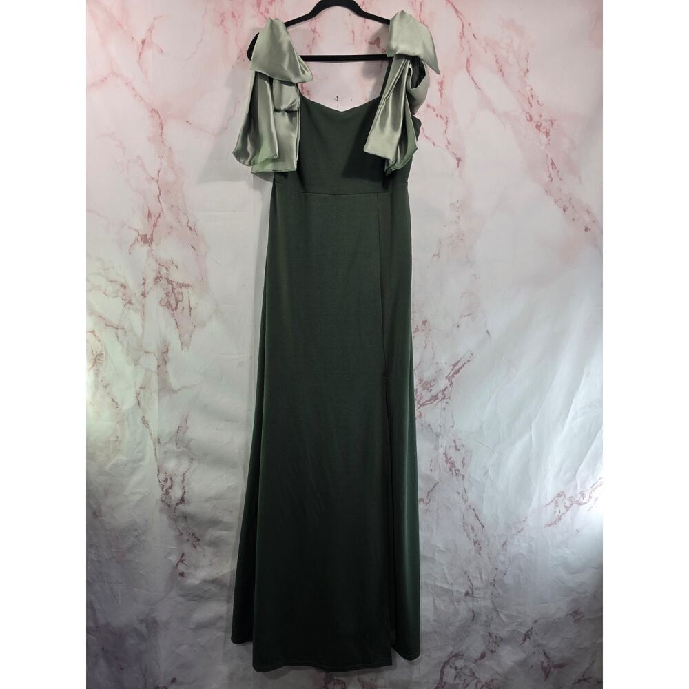 Birdy Grey Dress Womens XL Green Satin Maxi Gown Tie Sleeve Bow Satin Two Tone